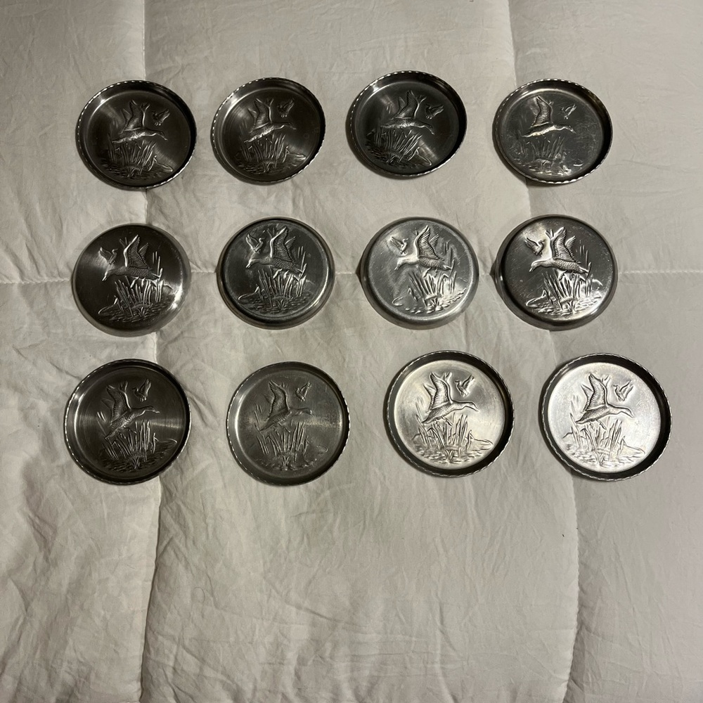 Vintage 1950s Set of 12  Metal Aluminum Coasters W/ Flying Duck/Geese in A Marsh